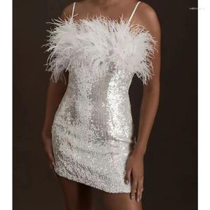 Casual Dresses Women Elegant Sequins Feather Strap High Waist Slim Fit Bodycon Evening Cocktail Dress Night Clubwear Sexy Corset Party