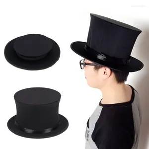 Berets Foldable Spring Magician Hat For Men Women Flat Top Cosplay Costume Jazzs Stage Performances Props Headwear