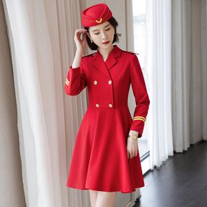 Flight & High-Speed Rail Attendant Uniform Professional Attire Long Sleeve Red Suit Collar Swing Dress Band Performance Costume