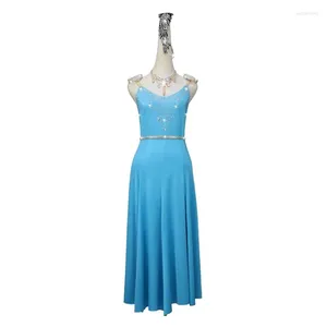 Scene Wear Professional Blue Latin Dance Dress Long Kirt Sport Costume Ballroom Practice Formal Cocktail Party Outdoor Sexy Chat Cha