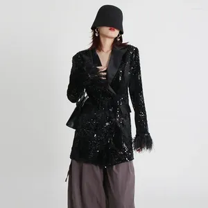Ternos femininos jaqueta celebridade lantejoulas blazer casaco mangas compridas penas baile de formatura 1 peça com decote em v moda 2023