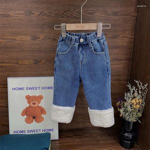 Hosen Mädchen Hosen Koreanischen Stil 2023 Winter Spleißen Integrierte Kaschmir Jeans Kinder Plus Casual Gerade Bein