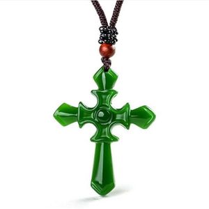 Certifierad 100% naturlig Hetian Afghan Jade Carved Cross Pendant Necklace Charm smycken smycken Amulet Lucky254h