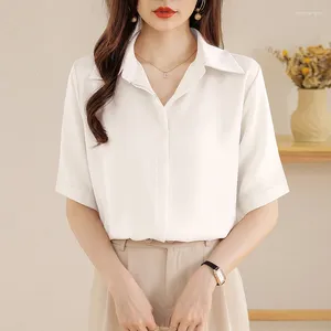 Kvinnor Blues Office Lady Short Sleeve Shirts Women Summer Blus Fashion Simple Satin Female Clothing Elegant Tops 27209