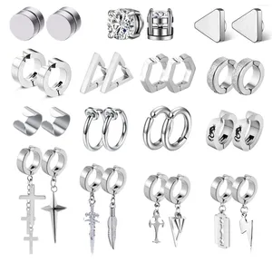 Set di orecchini pendenti da 30 pezzi in acciaio inossidabile con magnete CZ, cerchio falso, unisex, clip a croce non penetrante