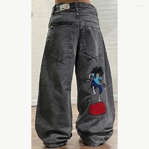 Jeans da donna Y2K Cartoon ricamati per uomini e donne con lo stesso lavaggio High Street Drappeggio pantaloni a gamba larga Larghi retrò casual