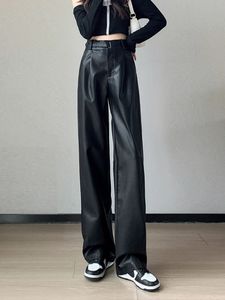 Calças masculinas 2023 outono inverno couro para mulheres moda coreana larga perna solta calças pretas mulher cintura alta pantalones 231216