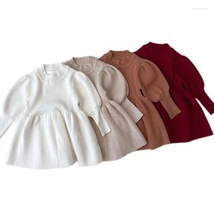 Mädchen Kleider 0-3Y Geboren Baby Mädchen Herbst Winter Solide Langarm Geraffte Säugling Stricken Reine Baumwolle Kleid Kinder Pullover