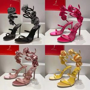 Sandalias de flores Tacones altos Zapatos de vestir Sandalia Diseñador de lujo Correa de tobillo de cristal Sinuoso Tacón de aguja de moda de 10 mm para mujer Rene Caovilla 35-43 Tamaño