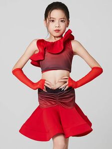 Scene Wear Kids Latin Dance Dress for Girls Red Performance Suit Ballroom Competition Clothes Cha Costume Practice DNV18431