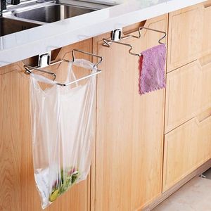 Hooks Hanging And Self-adhesive Kitchen Trash Rack Cabinet Door Garbage Bags Holder Stainless Steel Closet Garbages Storage Holders