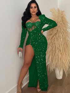 Sıradan Elbiseler Yansıma Pullu Maxi Elbise İki Parça Set Glam Rhinestone Dantel Bodysuit Pulinler Yıkım Doğum Günü Kulübü