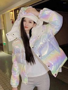 Women's Down Autumn And Winter Colorful Jacket Pearlescent Laser Hooded Thickened Short Trendy Bright Face Wash