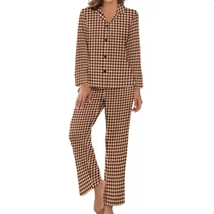 Women's Sleepwear Houndstooth Art Pajamas Lady Vintage Print Kawaii Home Suit Autumn Long Sleeve 2 Pieces Night V Neck Custom Pajama Sets