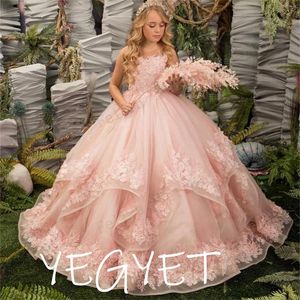 Girl Dresses Lace Floral Appqulies Flower Fluffy Princess Dress Tiered Wedding For Kids Formal Occasion Party Gowns