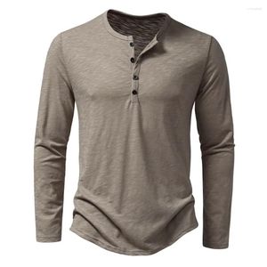 Herren-T-Shirts, Baumwolle, Knopfleiste, Henley-Ausschnitt, langärmelig, lässig, einfarbig, modische T-Shirts