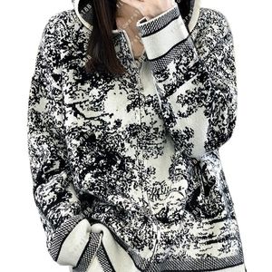 2024 Women's Wool Cardigan: Fall Winter New Padded Zipped Jacket with Hood, Jacquard Pattern, and Loose Fit. Stylish Ink Painting Design in White and Black. Sizes: L, XL