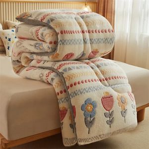 Sängkläder sätter mjölk sammet vinter quilt snöflinga förtjockad och varm lammkärna dubbelsidiga filtar för sängar 231216