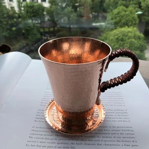 Canecas Handmade Puro Cobre Água Chá Vinho Cerveja Copo de Café com Pratos Anti-escaldante Alça Moscou Mule Drinkware