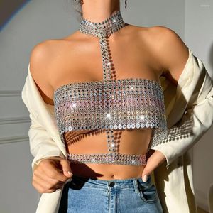 Canotte da donna Canotte con strass scintillanti Canotte con scollo all'americana Scava fuori Canotta con diamanti lucenti Camis Nightclub Party Bustier Backless Sling Cover Up Top