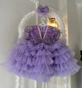 Mädchenkleider Puffy Tiered Blumenkleid Tüll Pailletten Langarm Knielang Schleife Festzug Ballkleid Feder Baby Kinder Geburtstag Party