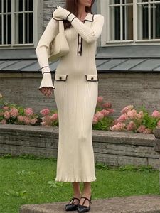 Casual Kleider Kontrast Rüschen Gestricktes Kleid Frauen Mode Herbst Langarm Einreiher Kleid 2023 Revers Hohe Taille Vestidos