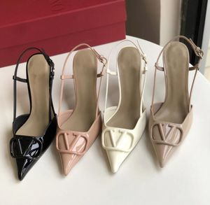 Sandálias femininas de marca de verão, salto alto, bico fino, fivela em V, salto fino, 6 cm, 8 cm, 10 cm, nude, preto, sólido, couro envernizado, bombas femininas de luxo com bolsa 35-44