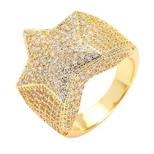 Anéis de estrela de hip hop masculino 18k banhado a ouro real Bling zircão cúbico anel de dedo de diamante joias presente301E