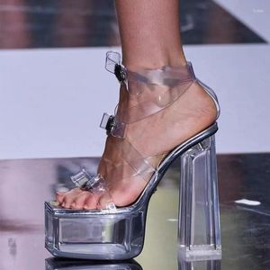 Sandals 14cm Chunky Silver Transparent High Heels Bow Cross Buckle Ankle Shoe Summer Platform Sandal Sandalia Pvc Feminina