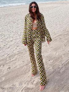 Kvinnors tvåbitar byxor 2023 mode vintage geometriska tryck set kvinnor kläder lång ärmskjorta och hög midja rak ben set kvinnor