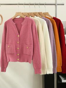 Maglie da donna autunno inverno luminoso seta luminosa a manica corta a v-scollo a vasca singola a tasca a maglia a maglia cardigan