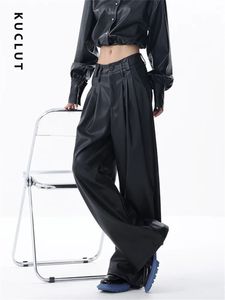 Men's Pants KUCLUT Black Leather for Women 2023 Korean Fashion High Waisted Wide Leg Vintage Casual Full Length Pu Trousers 231216