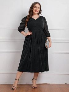 Plus Size Dresses Black High Waist For Women V Neck Three Quarter Sleeves A Line Shiny Cocktail Party Prom Evening Outfits 4XL