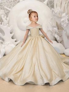 Girl Dresses Blue Champagne Satin Flower Dress Elegant Shiny Puffy With Bow Wedding Child Birthday Party First Communion Ball Gowns