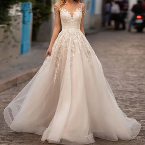 Stunningbride 2024 Romantic Scoop Neck Backless Ball Gown Wedding Dresses White Luxury Beading Appliques Lace Sleeveless A-Line Princess Bridal Gown