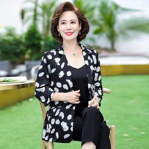 Women's Suits S-5XL Women Blazer Jacket Flower Print Thin Three Quarter Sleeve Slim Loose Spring Summer Autumn Middle Age Mother Plus Size