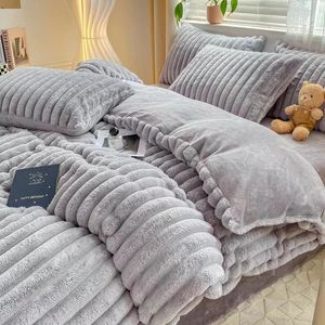 Sängkläder sätter högkvalitativt kanin sammet 4st sängkläder set vinter varm lyx mjuk tjock plysch täcke coral fleece lade lakan och örngott 231216