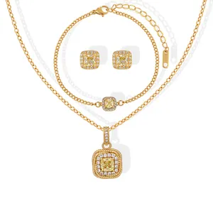 Ожерелья с подвесками, роскошное блестящее квадратное желтое циркониевое ожерелье, браслет, женский подарок на год, водонепроницаемый позолоченный модный комплект ювелирных изделий