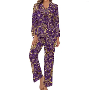 Paisley Golden Paisley Pijamas feminino Autumn Two peças Purple Sparkle Fashion Set feminino Manga longa V Gráfico casual de pescoço