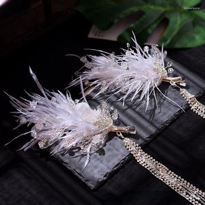 Hårklipp Crystal Mesh Farterfly Tassel Clip Style Forest Feather Wedding Accessories