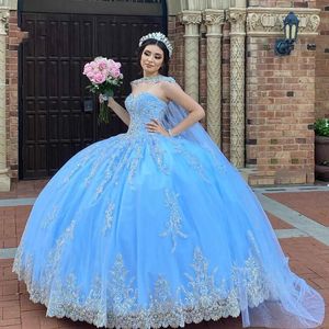 فساتين ثياب Quinceanera الدانتيل الطويلة كيب الحبيب عنق تول كرة ثوب الأميرة اللباس الحلو للبنات حفلة حفلة موسيقية