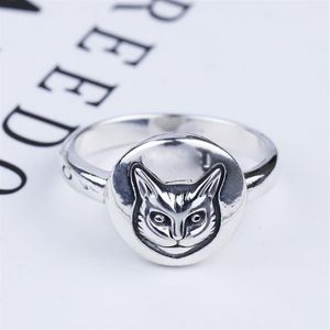 S925 Silver Cat Head Ring Vintage Classic Sterling Silver Cat Face Ring British Style Hip-Hop Male and Female Thai Silver Ring269H