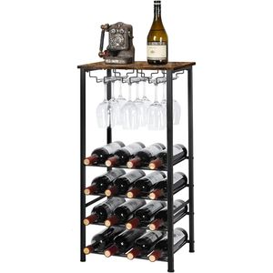 Wallmounmed Wine Rack Bottle Botting Freestanding Bar Stojak Brown trzyma 16 butelek i 9 szklanek kuchennych kuchennych jadalni 231216