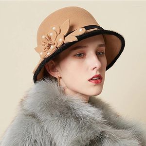 Berets Damen schwarzer Wollfilz-Cloche-britischer Zylinder mit Schleife, breiter Krempe, Bowler, Fedoras, Damen, gelb, blau, Floppy-Hüte, Kappe