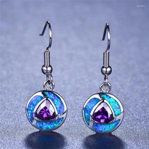 Orecchini pendenti per ragazze, carini, a goccia rotonda, in argento sterling 925 riempito con triangolo viola femminile, zirconi blu, opale di fuoco per le donne