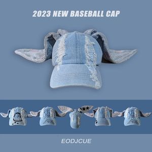 Top Caps y2k Büyük Tavşan Kulakları Denim Beyzbol Kapakları Erkek İlkbahar ve Yaz Açık Güneş Koruma Japon Retro Yırtık Vintage Kadın Şapkaları 231216