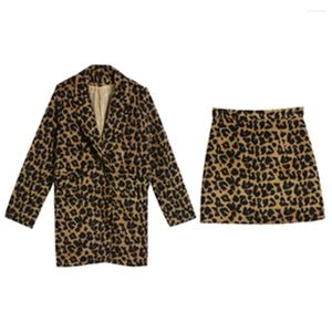 Women's Two Piece Pants Womens 2 Sets 2023 Spring Autumn Female Suits Leopard Blazers Trendy Lady Large Size Skirt Woolen
