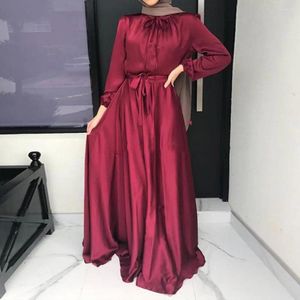 Casual Dresses O-neck Long Sleeve Waist Tight Women Dress Elegant Smooth Satin Large Hem Traditional Female Clothing