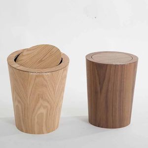 Waste Bins 9L Garbage Can With Lid Solid Wood Wastebasket Home Cleaning Tools Round Trash Swing Cover Office Storage Baskets 231216