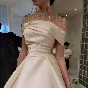 2024 Elegant Champagne Evening Party Dress High-Neck Illusion Beaded Short Sleeves Satin A Line Prom Formal Gown Celebrity Dresses Robe De Soiree
